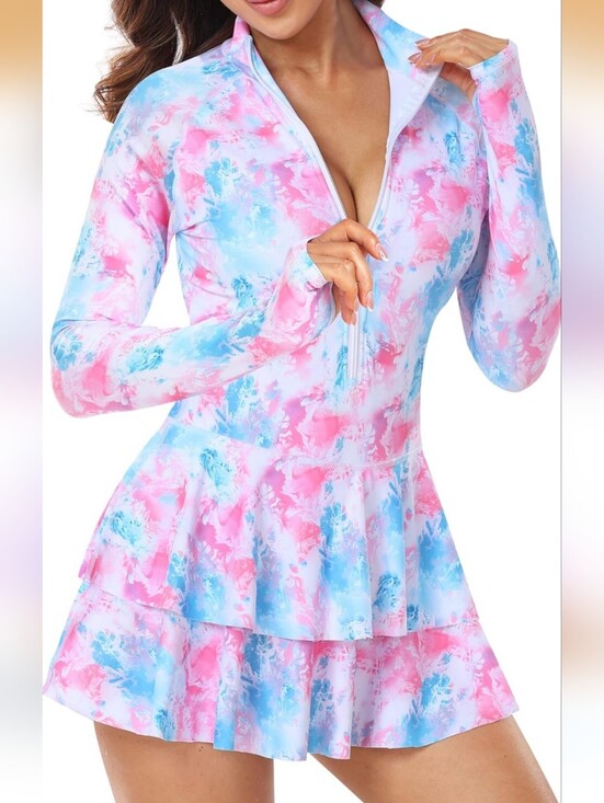 Amazon Other - Pink & Blue Tie-Dye Long Sleeve Swim Dress With Shorts Size M